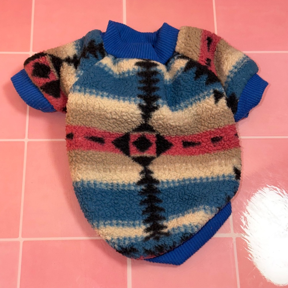 Southwestern Tribal Sherpa Fleece Pet Dog Sweater Blue Pink Small Pullover